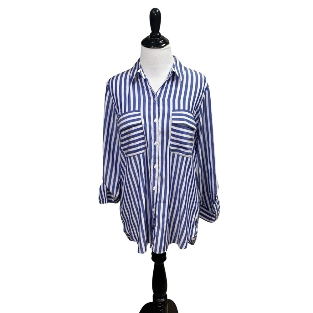 Express Women's M Medium Button Down Blouse Roll Tap Sleeves Striped Lightweight